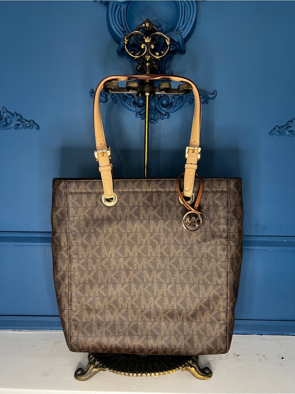 Michael Kors Brown MK Logo Tote with Tan Handles